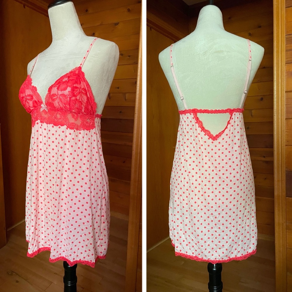 Victoria’s Secret Pink Red Polka Dot Lace Slip Dress Lingerie Sz Medium - Picture 2 of 5